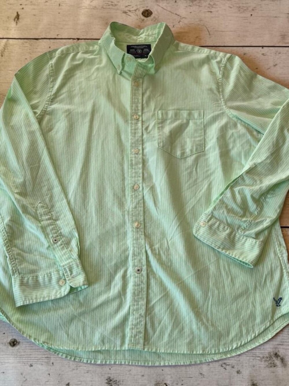 Striped Button Down Slim Fit Long Sleeve Green Mens XL American Eagle Outfitters